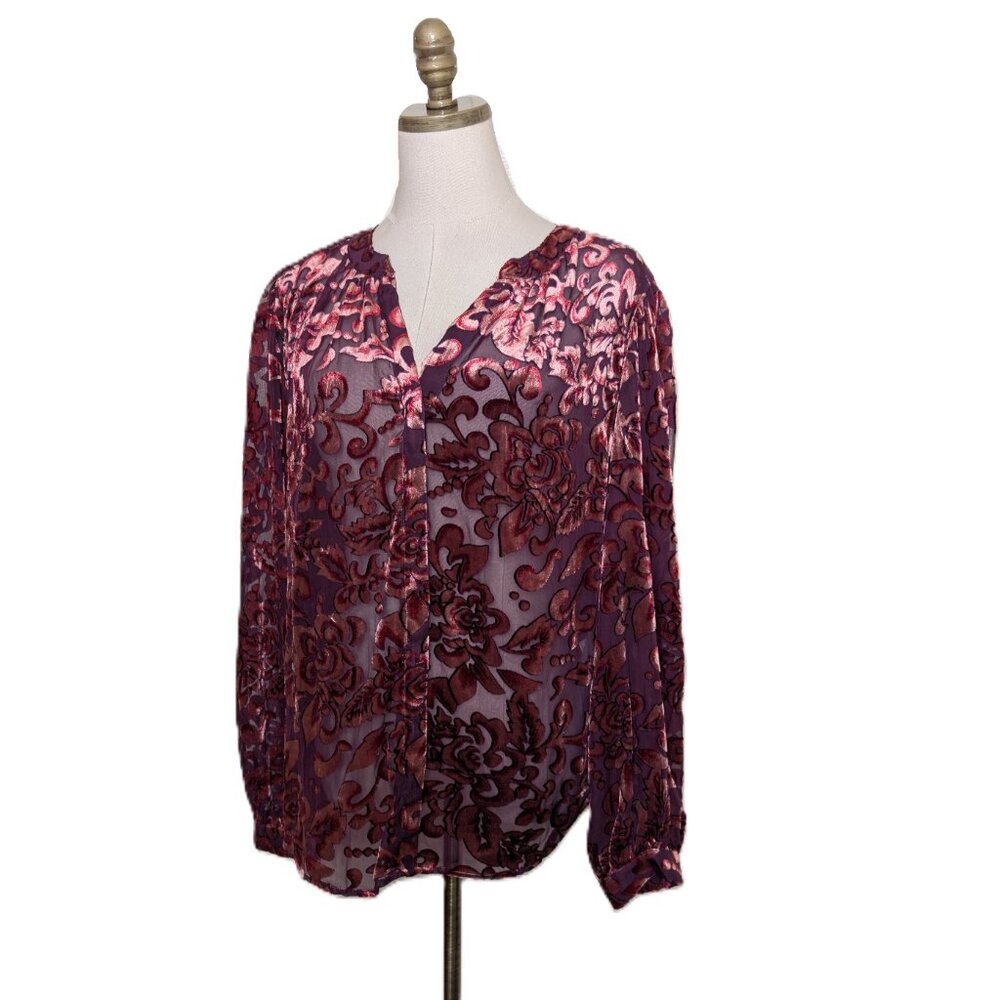 Chicos Velvet Burnout Blouse Size XL 3 Burgundy Long Sleeve Whimsigoth Victorian - Picture 3 of 6